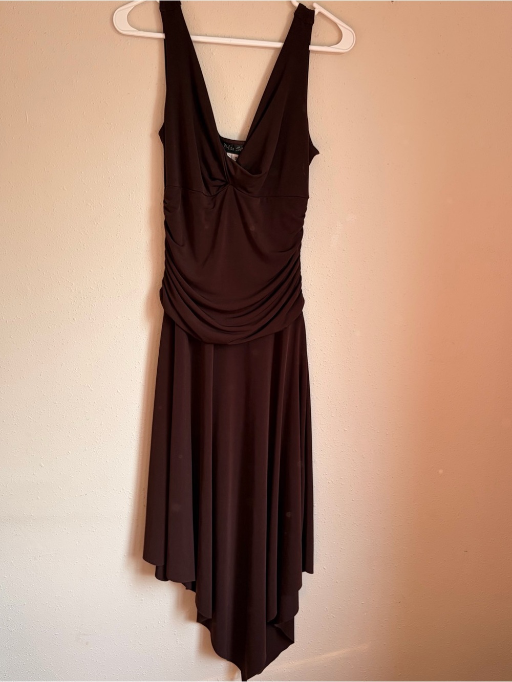 Vintage Y2K Blu Sage Brown Draped V‑Neck Asymmetric Hem Dress Whimsigoth